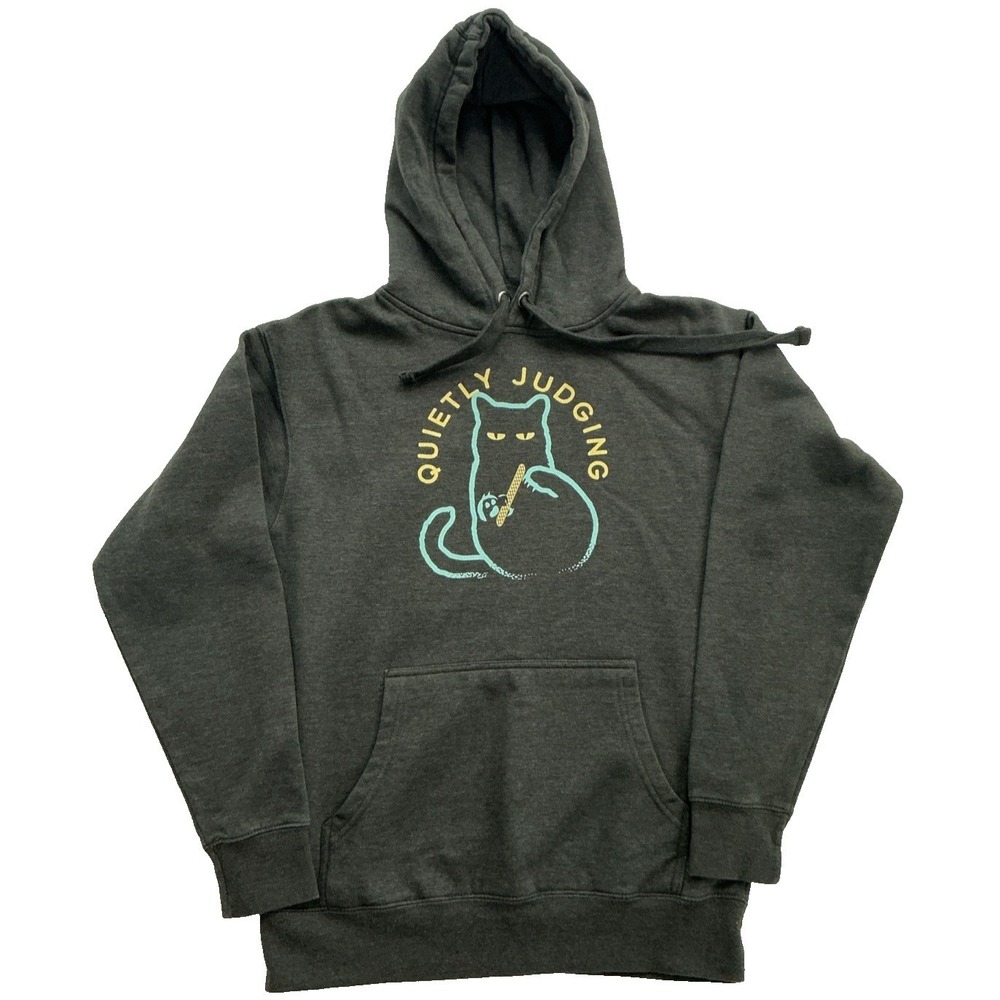 Cotton Heritage Quietly Judging Cat Graphic Hoodie Heather Gray Mens Medium